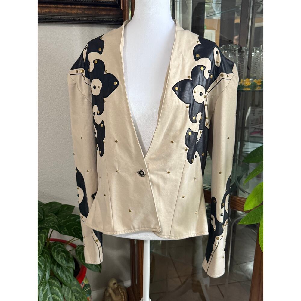Beige and Black Floral-Accent Satin Jacket